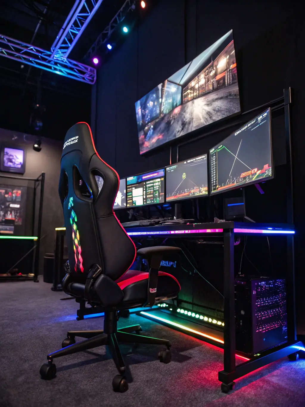 A dynamic image of the latest gaming monitors, high-end PCs, and cutting-edge VR equipment, set up in a modern gaming environment with ambient lighting.