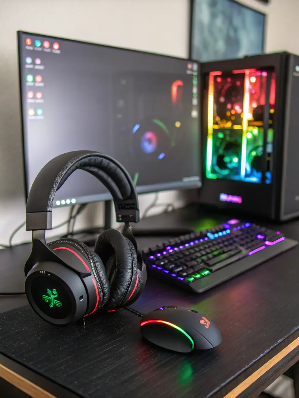 A high-quality photograph showcasing a range of wireless gaming headsets, mice, and keyboards, arranged neatly on a gaming desk with the THE DICE logo subtly visible in the background.