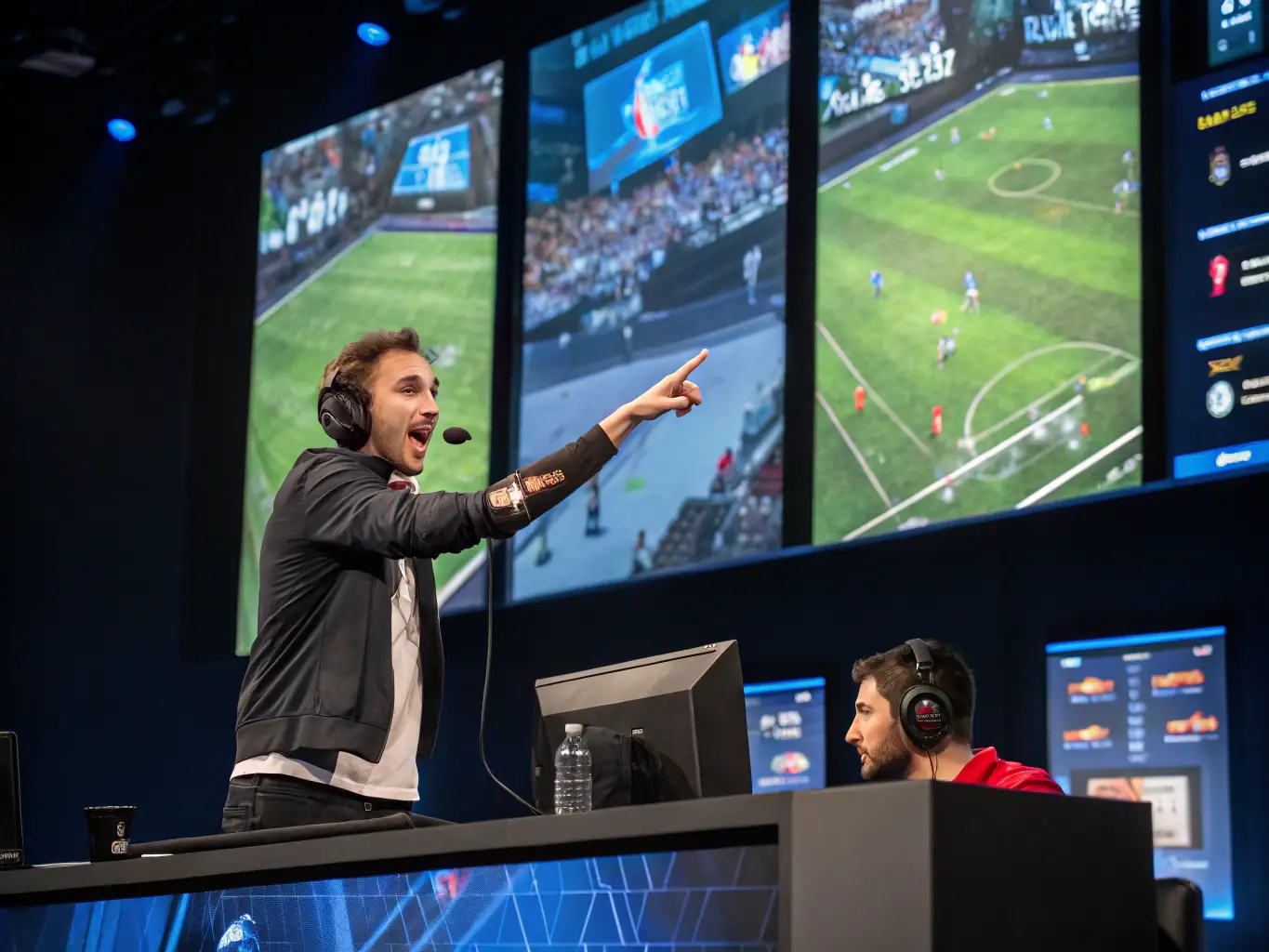 A dynamic image of THE DICE members broadcasting an e-sports event, demonstrating the organization's commitment to media and skills development.