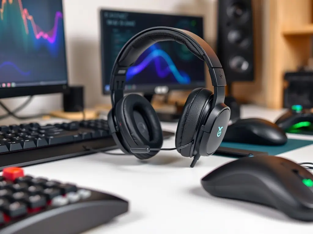 A high-quality gaming headset with a microphone, showcasing its sleek design and comfort, suitable for long gaming sessions. The background is a blurred image of a professional esports arena.