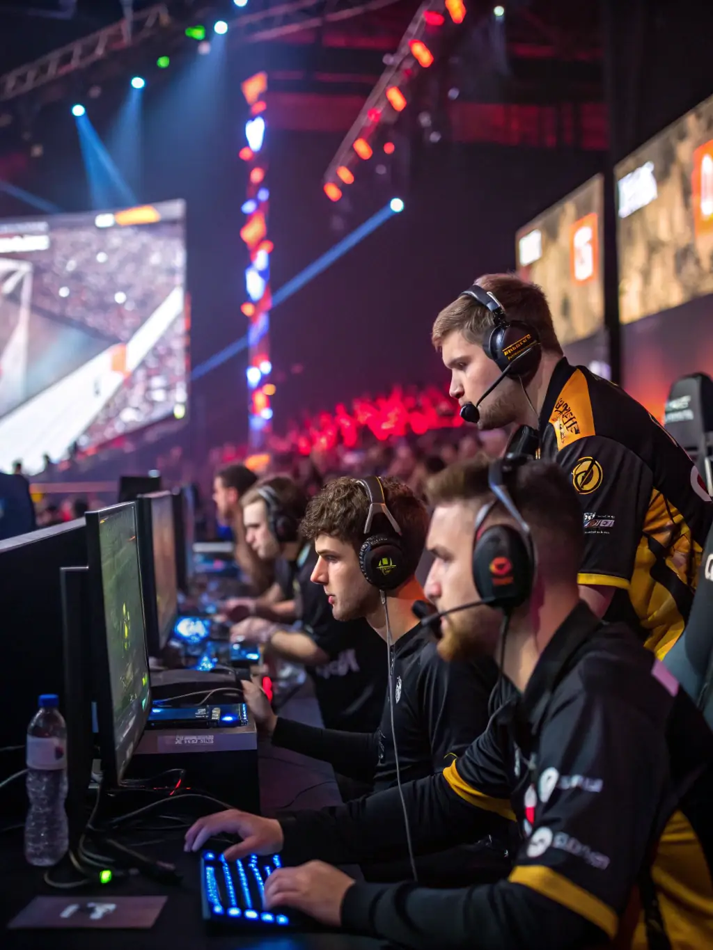 A dynamic image showcasing a group of esports athletes intensely focused during a team training session, highlighting the collaborative and strategic environment.