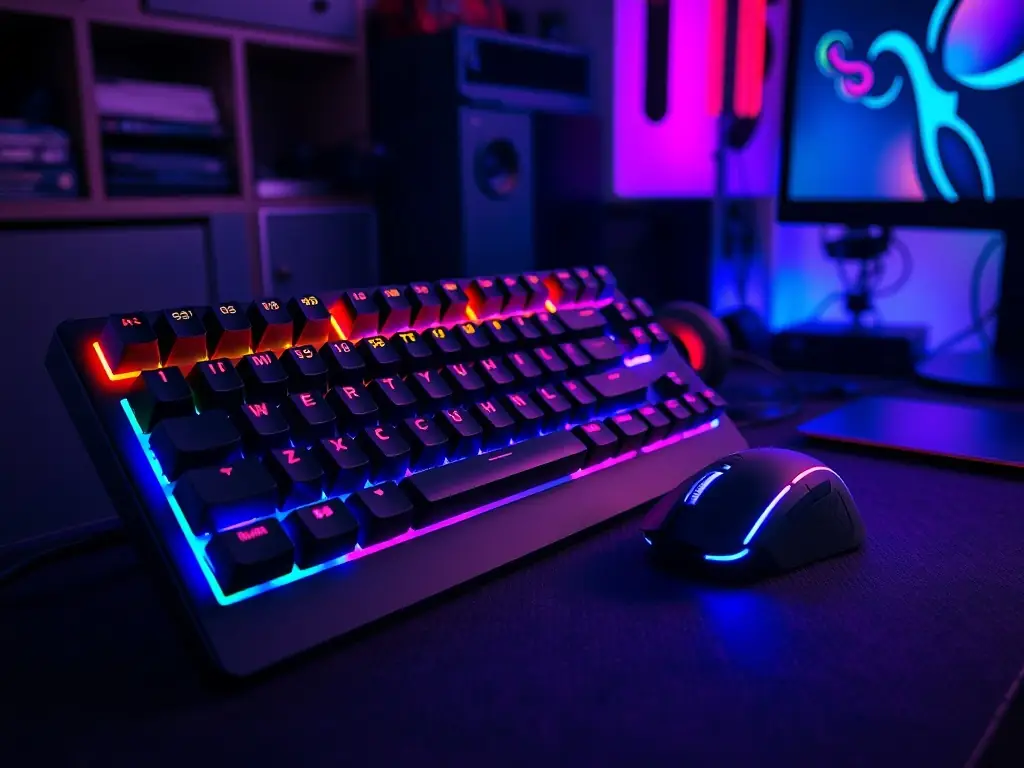 A collection of various gaming accessories, including a mouse, keyboard, and controller, neatly arranged on a gaming desk. The accessories are high-end and designed for competitive gaming.