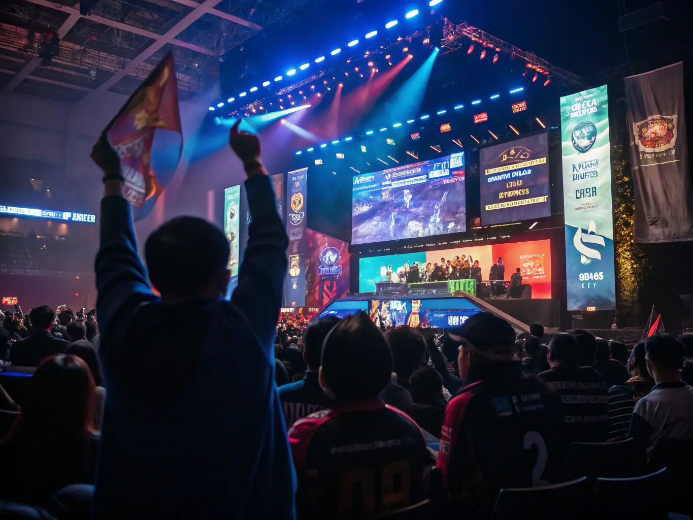 A lively scene of gamers competing in a local esports tournament, with spectators cheering and vibrant branding. The image should capture the excitement and community spirit of the event.