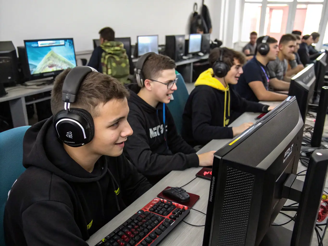 An inspiring image of young gamers collaborating and strategizing during an e-sports training session, showcasing teamwork and focused learning.