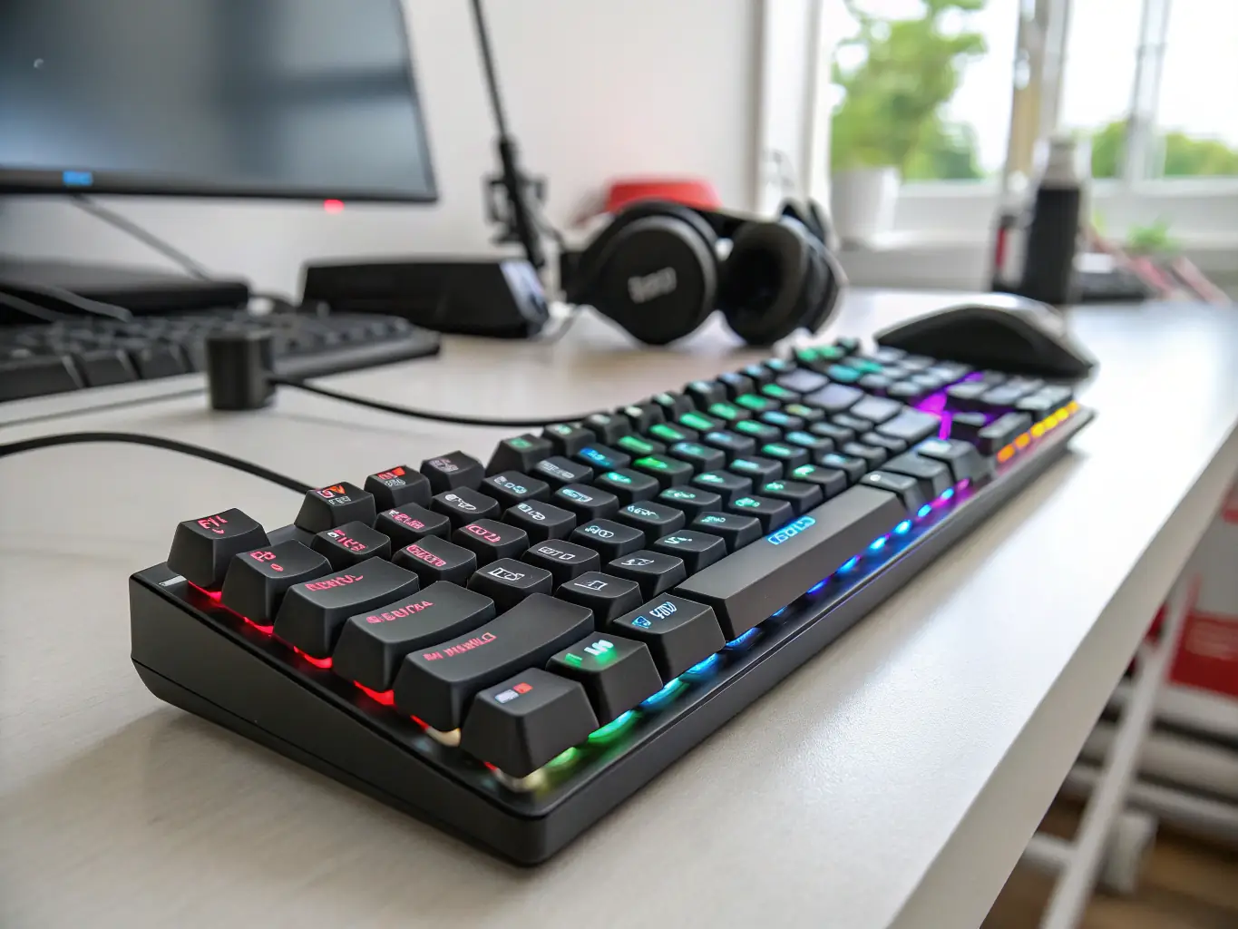 An assortment of gaming accessories, including a mousepad, keyboard, and controller, arranged neatly on a gaming desk with a blurred background of a gaming setup.
