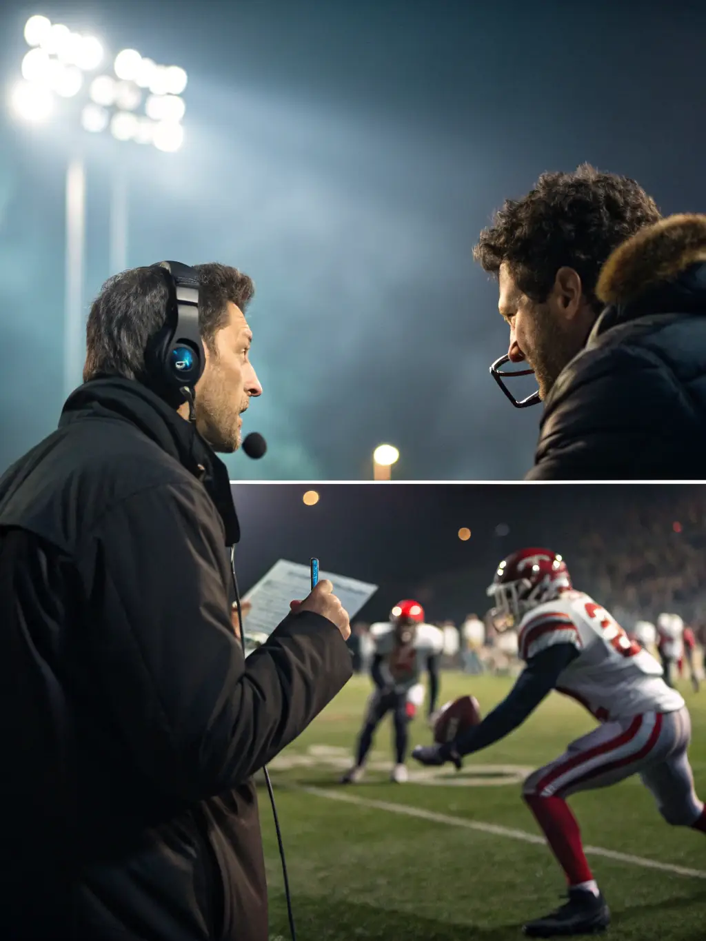 A vibrant image of a broadcast studio setup, showing commentators and analysts discussing an esports match, emphasizing the media and broadcasting aspect.