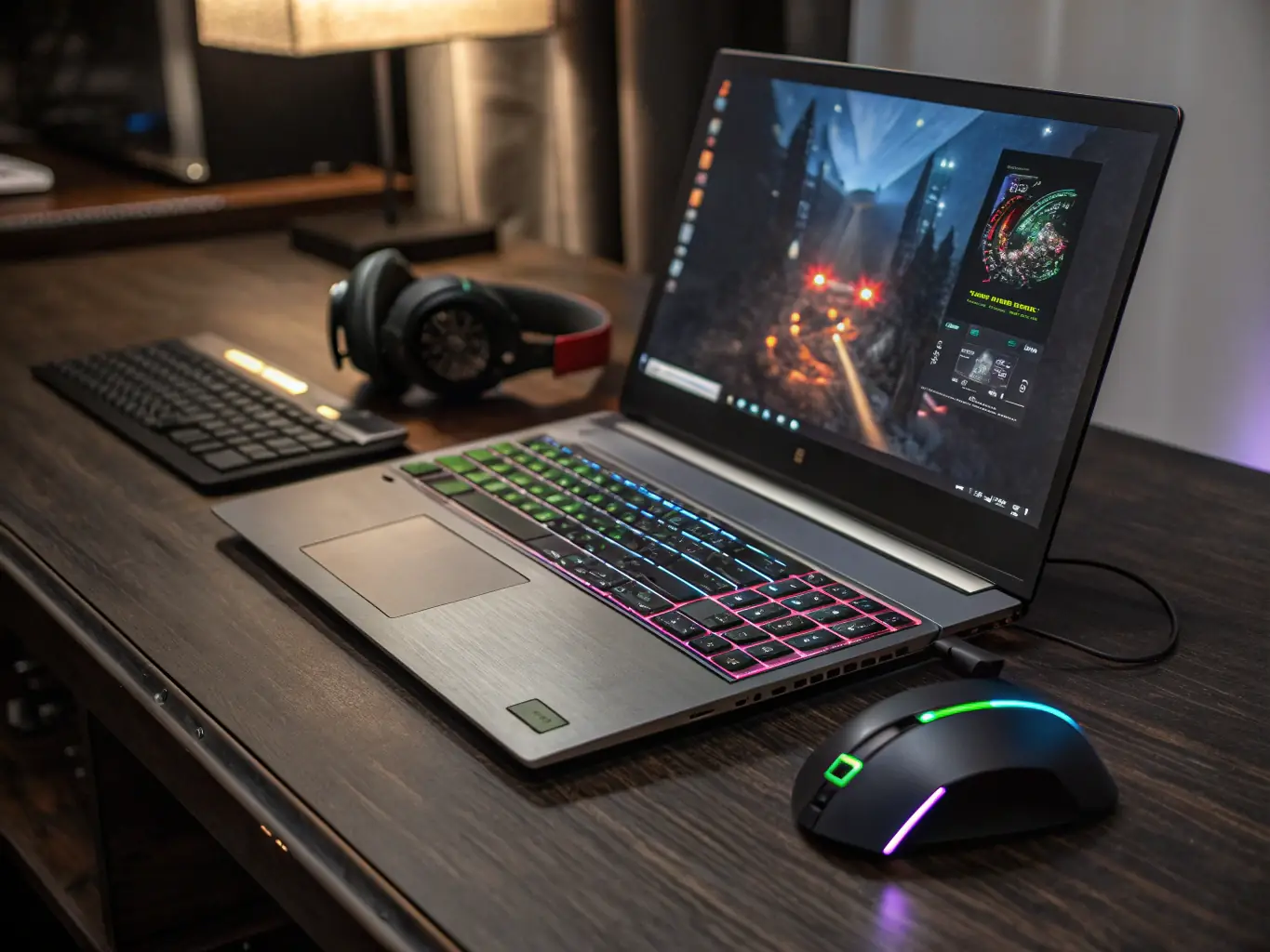 A pair of high-performance gaming speakers with RGB lighting, placed on a gaming desk with a monitor displaying an intense game scene.