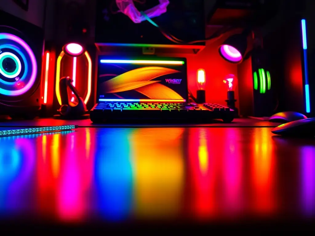 A pair of high-performance gaming speakers with RGB lighting, placed on a desk with gaming peripherals. The speakers are emitting vibrant colors, enhancing the gaming atmosphere.