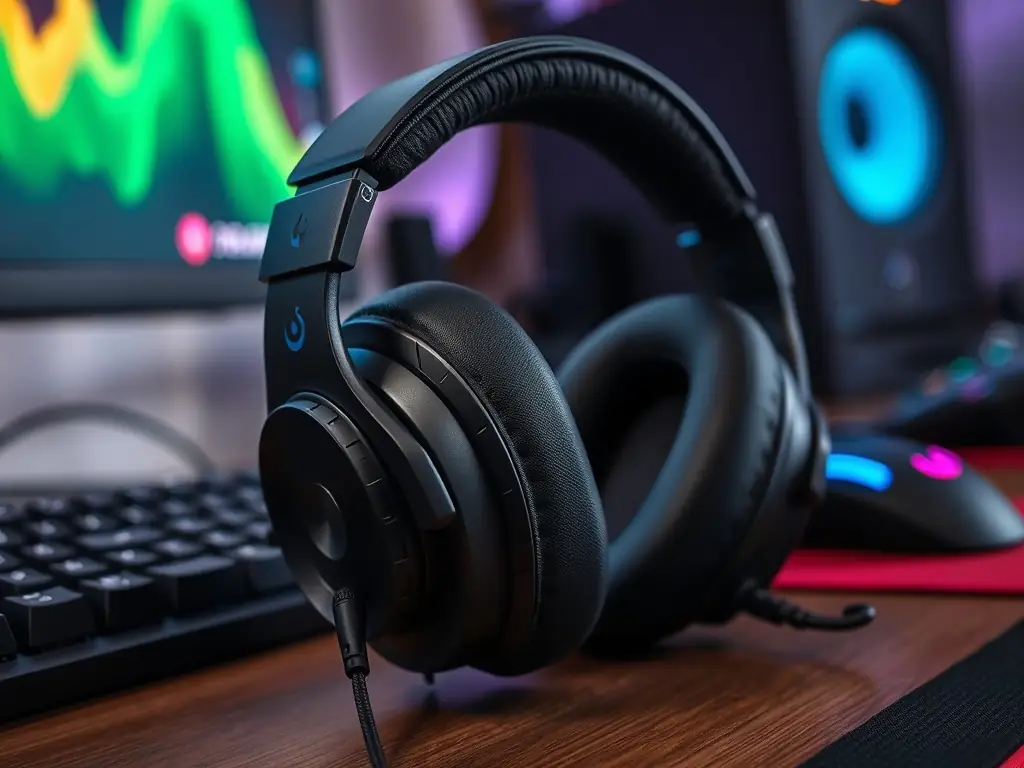 A high-quality gaming headset with a microphone, showcasing its sleek design and comfortable earcups, set against a background of a gamer in action.